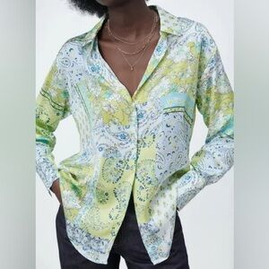 Zara Satin Patchwork Paisley Button Shirt blouse XS